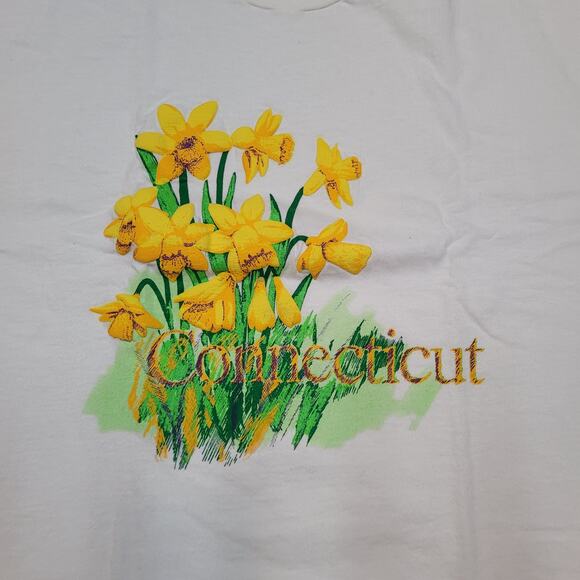 VTG 90s Puff Print Connecticut Daffodil Flower T-Shirt Mens Medium Floral Tee - Picture 2 of 6